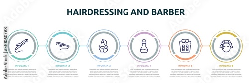 hairdressing and barber concept infographic design template. included curling iron, curler, perfume bottle, essence, weighing, curlers icons and 6 option or steps.