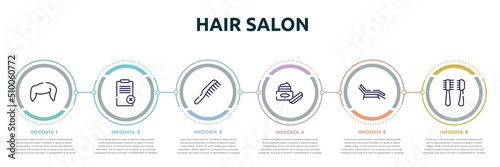 hair salon concept infographic design template. included boy hair shape, disclaimer, hairdressing, skincare, sunbed, pets hair salon tools kit icons and 6 option or steps.