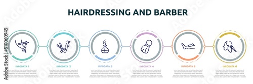 hairdressing and barber concept infographic design template. included razor to cut hairs, scissors and comb, scent, shaving brush, waxing, hair dye icons and 6 option or steps.