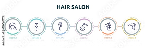 hair salon concept infographic design template. included woman hair, hand mirror, clipper, honey, perfume, hairdryer side view icons and 6 option or steps.