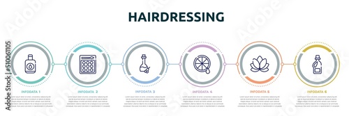 hairdressing concept infographic design template. included nail polish remover, shadow, olive oil, lemon juice, lily, softener icons and 6 option or steps.