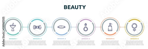 beauty concept infographic design template. included washbowl, elegante, seductive, potions, null, femenine icons and 6 option or steps.
