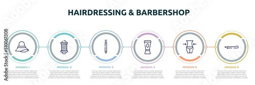 hairdressing & barbershop concept infographic design template. included pamela, barbershop pole, eyebrow pencil, hair conditioner, waist, hair pin icons and 6 option or steps.