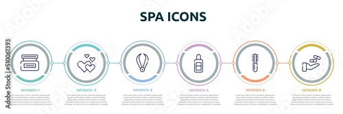 spa icons concept infographic design template. included hair cream, romantic, pluck, makeup remover, combs, treatment icons and 6 option or steps.