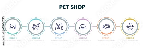 pet shop concept infographic design template. included dog running, washing the dog, cat food, dog food, extending leads, pet disease icons and 6 option or steps.