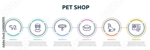 pet shop concept infographic design template. included dog urinating, water replenisher, collar, cat bed, sitting dog, health certificate icons and 6 option or steps.
