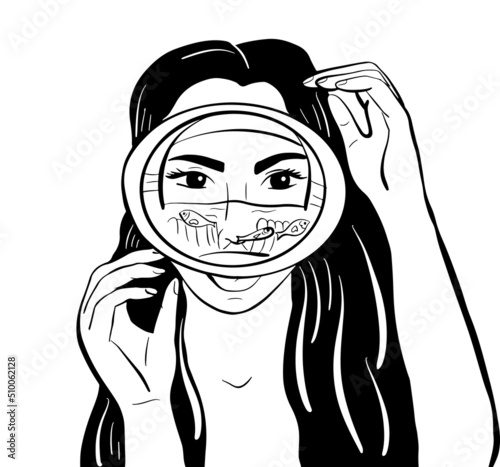 Girl in a mask and with fish. Snorkeling. Diving.Fishing.Hand drawn vector illustration.