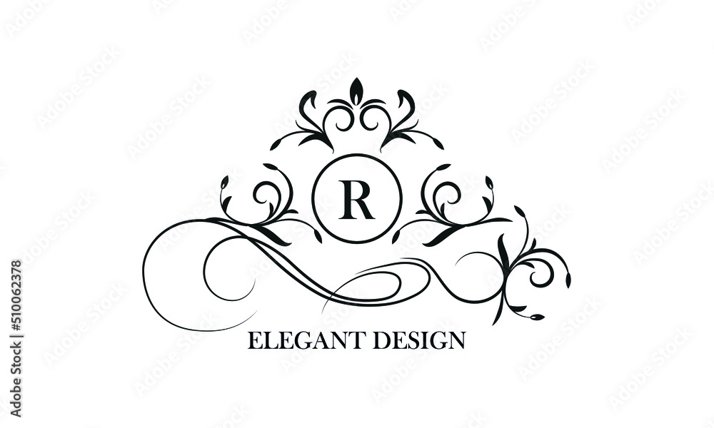 Luxurious logo in vintage style with the initials R. Exquisite vector monogram, frame, label, emblem for the design concept of a boutique, hotel, business.