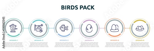 birds pack concept infographic design template. included birds home, pet hotel, fish, egg with a crack, egg, egg in a nest icons and 6 option or steps.