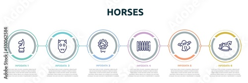 horses concept infographic design template. included horse head chess piece, devil, horse races badge, garden fence, ghost, rocker horse icons and 6 option or steps.