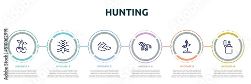 hunting concept infographic design template. included cherry, tree lobster, cloudy, null, soil, lighter icons and 6 option or steps.