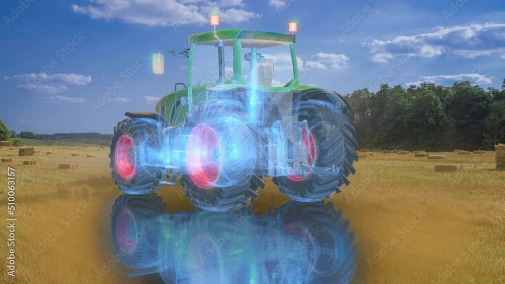 Ready to use 4k agricultural loop video background with typical tractor in the fields. Diagnostics of agricultural machinery. 360 rotating wireframe model of agricultural vehicle with sky and clouds