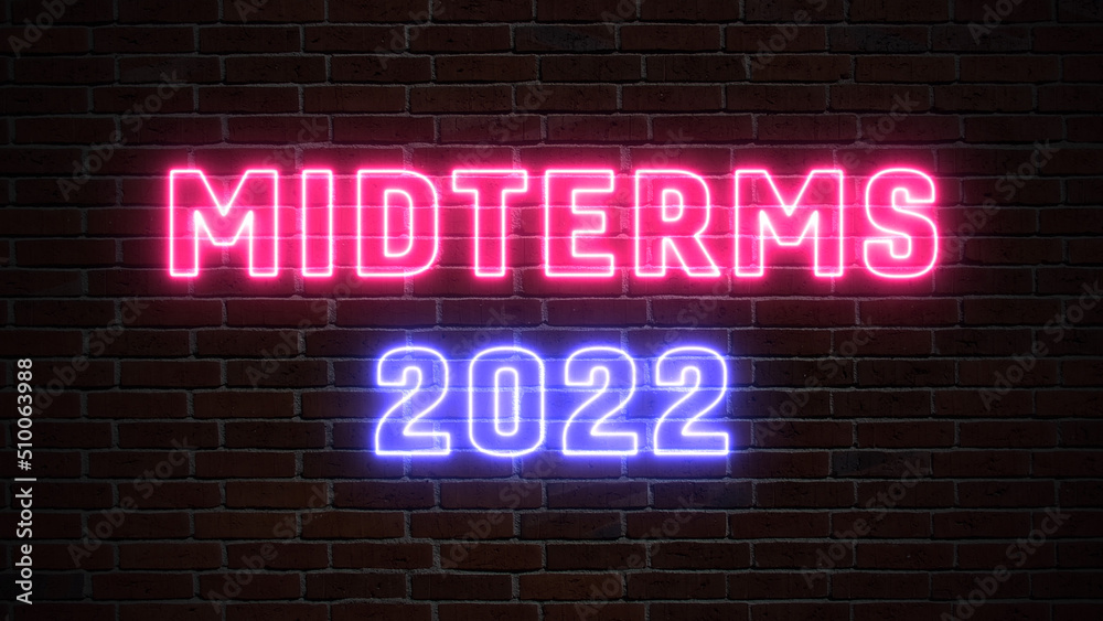 Usa midterms 2022 neon banner text on dark brick wall, election call for action