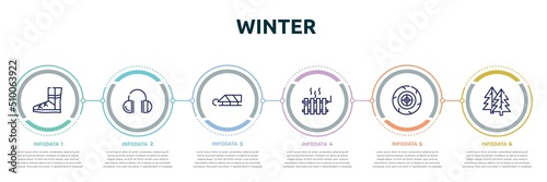 winter concept infographic design template. included winter boots, earmuffs, sledge, heater, winter tire, fir icons and 6 option or steps.