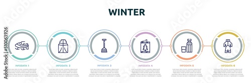 winter concept infographic design template. included snowmobile, anorak vest, winter shovel, christmas card, themos flask, snowsuit icons and 6 option or steps.