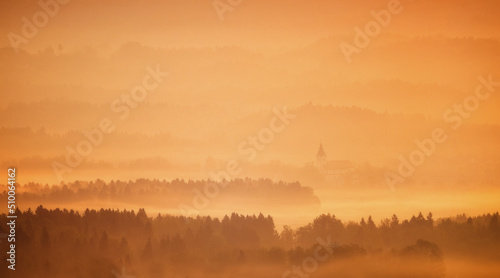 View of the countryside from Smlednik castle on a foggy morning