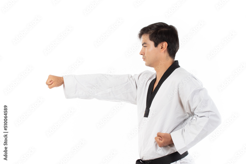 Professional fighter, Karate man in kimono exercising combat sport isolated on white background Professional fighter, Karate man in kimono exercising combat sport isolated on white background