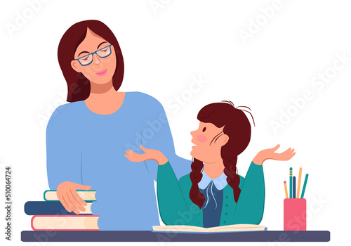 Little  girl is doing her homework and sadly spreads her hands. Mom is standing behind and listening to her daughter. Teacher helps the student. Vector illustration in flat style