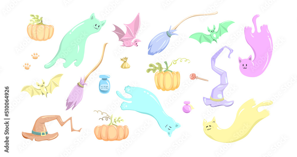 Set of halloween icons. Illustration for cute stickers.