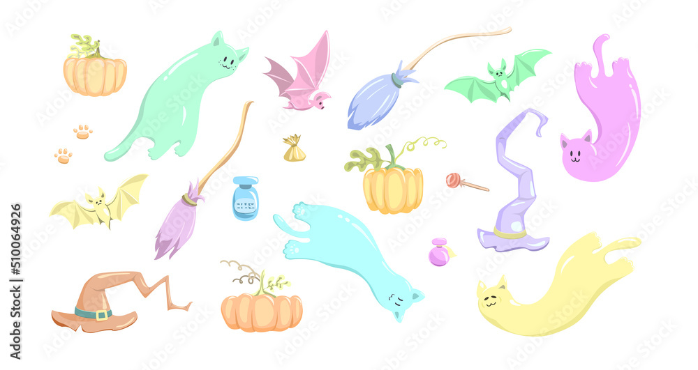 Set of halloween icons. Illustration for cute stickers. Set of halloween icons. Illustration for cute stickers.