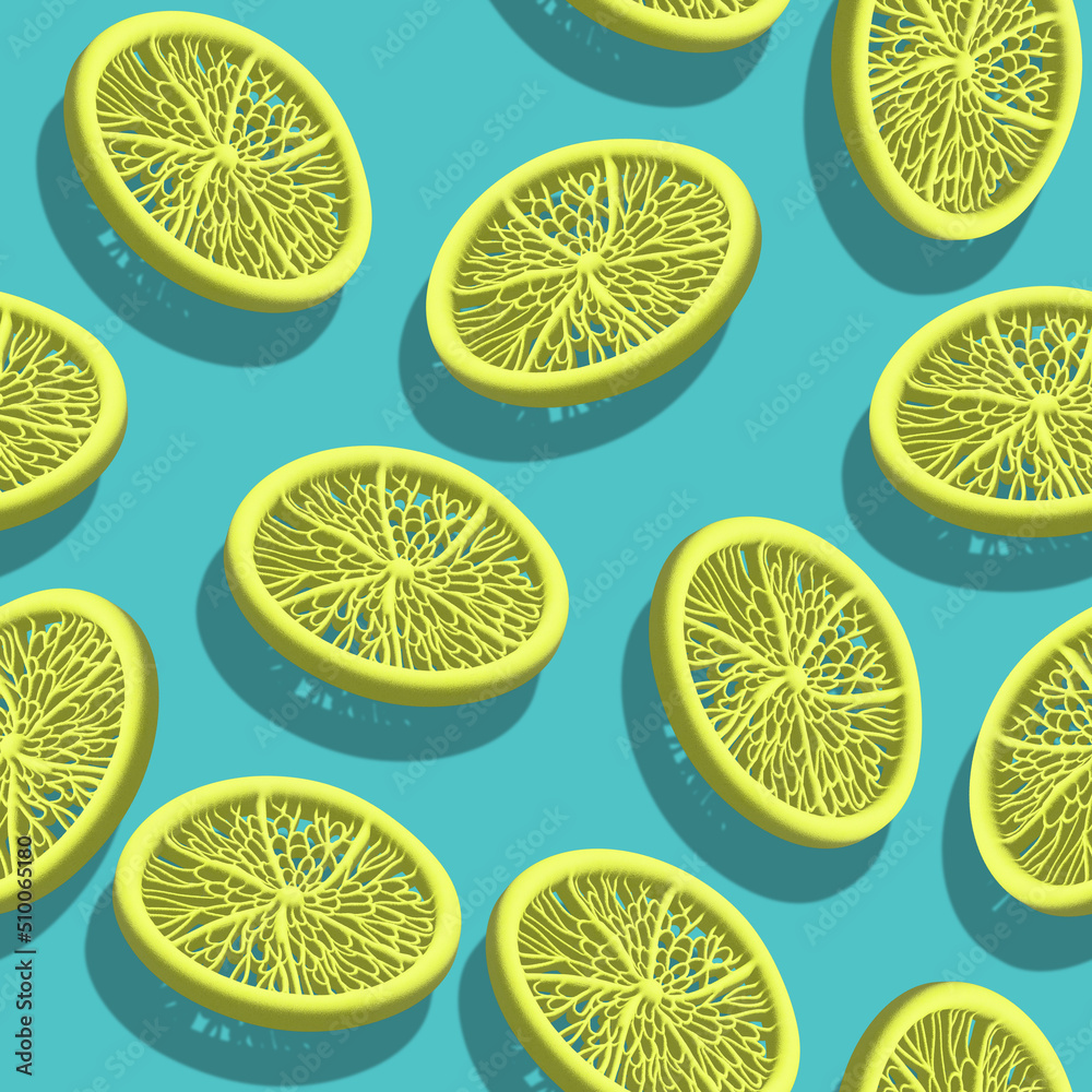 Seamless pattern with 3D lemon slices on turquoise background