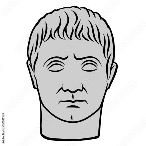 Antique Roman Man Head Full Face. Statue of Germanicus Iulius Caesar. Roman General. Line, Fill, Outline.