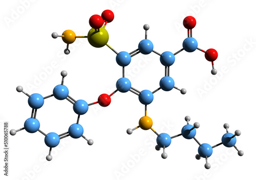  3D image of Bumetanide skeletal formula - molecular chemical structure of  swelling medication isolated on white background
 photo