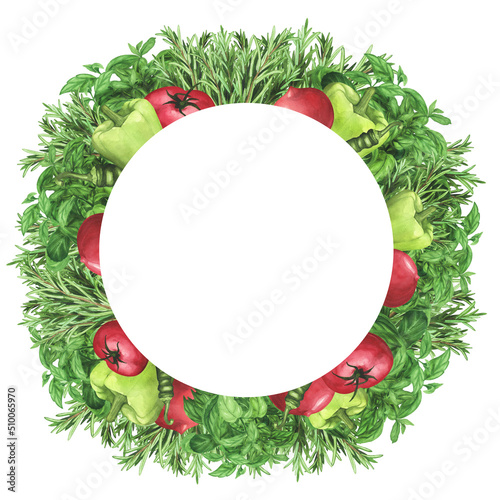 Wreath frame with fresh herbs basil, tomatoes, chili pepper. Watercolor wreath Border. Illustration for design logo © AnikaKorr