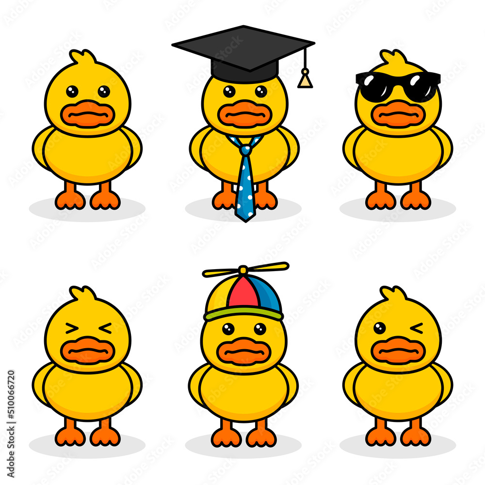 Set of cute cartoon funny ducks isolated on white Set of cute cartoon funny ducks isolated on white