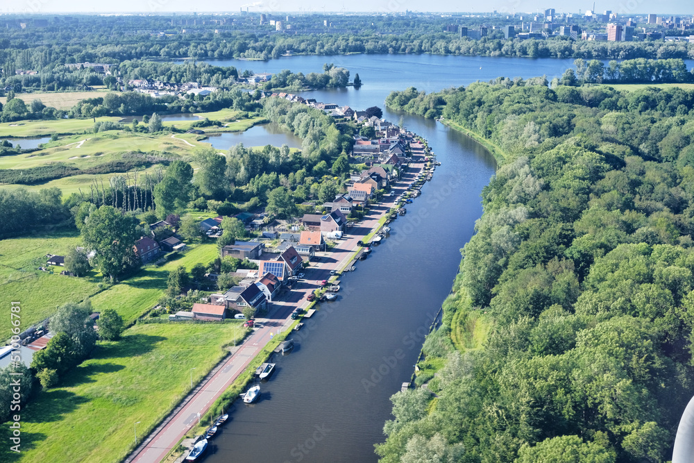 Aerial view of Nieuwemeerdijk canal and Nieuwe Meer in Amsterdam, The Netherlands.