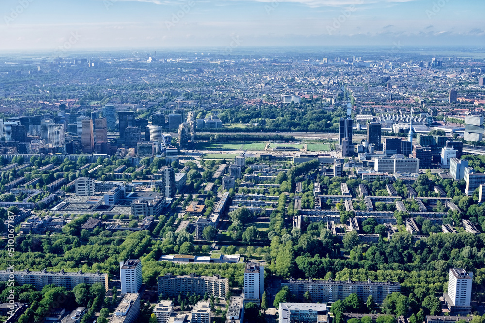 Aerial view of office buildings in south of Amsterdam and Zuidas