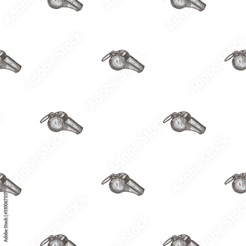 Sport whistle engraving seamless pattern. Vintage background sport topic in hand drawn style.