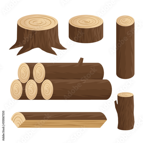 Set of different logs in cartoon vector style. Firewood collection. Bricks and stump. Wooden bricks isolated on white background. 