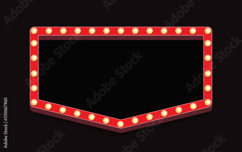 Retro lightbox vector frame realistic style with lightbulb isolated on black background for party poster, banner advertising, promotion and sale billboard, cinema, bar show. 10 eps