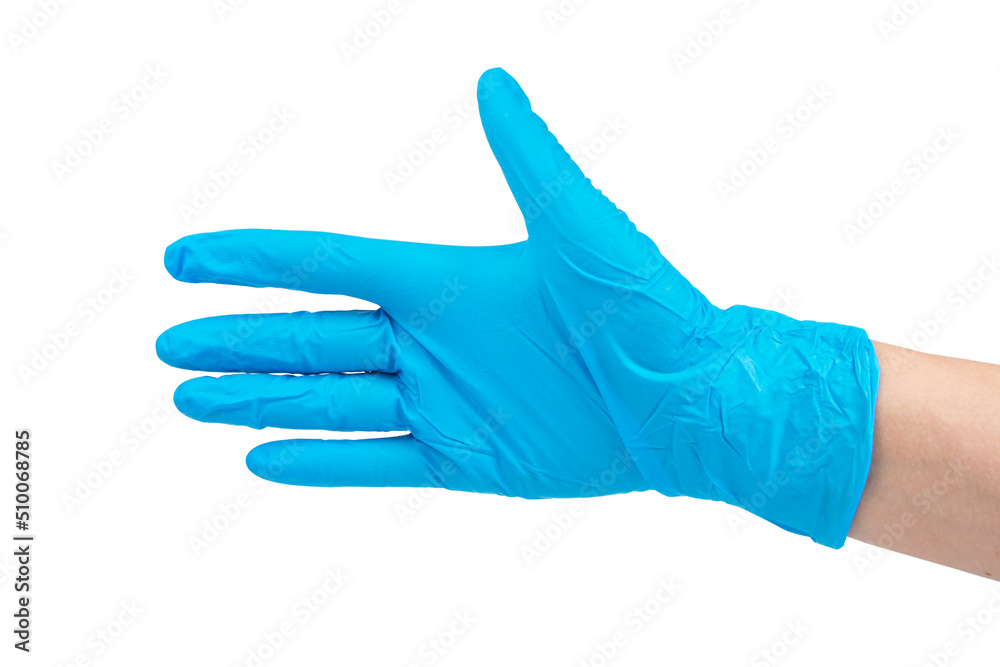 Blue nitrile medical gloves on hands isolated on the white