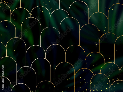 Art deco card. Round curve texture. Emerald tropical forest foliage vector background
