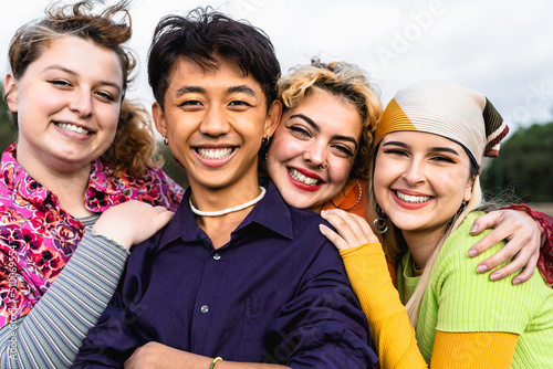 Canvastavla Happy young diverse friends having fun hanging out together - Youth people mille