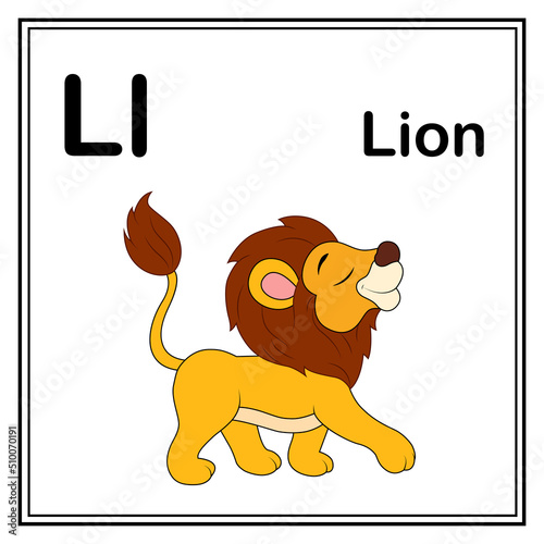 Cute children ABC animal alphabet L letter flashcard of Lion for kids learning English vocabulary.