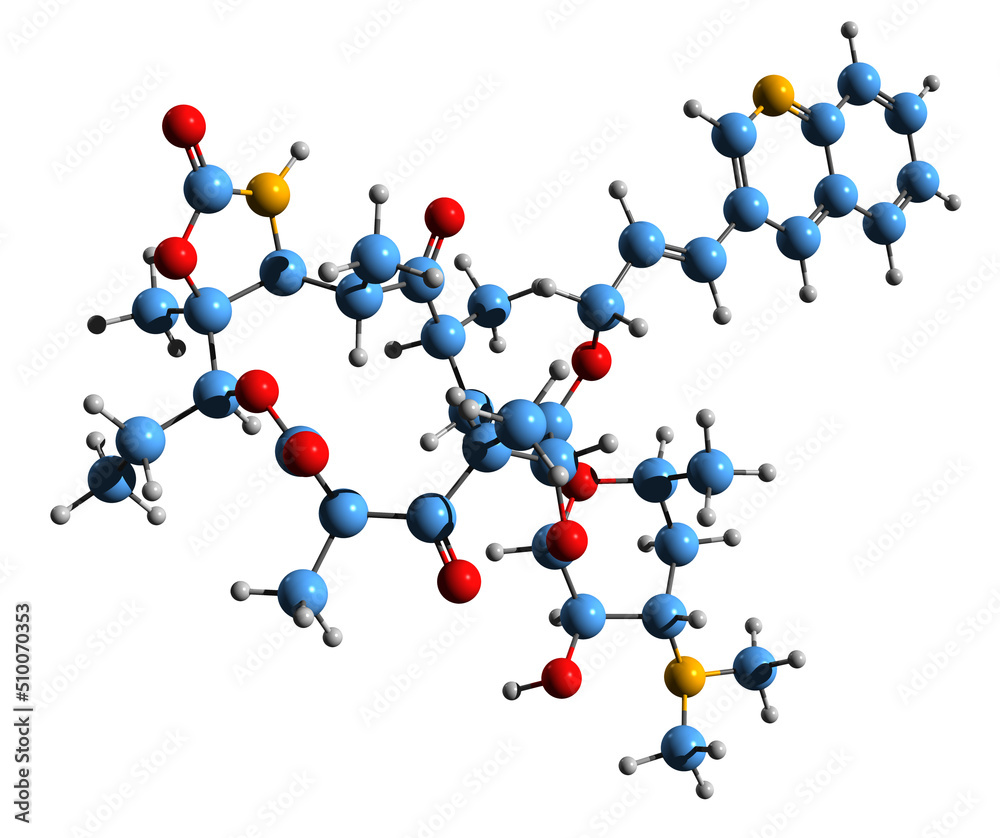 3D image of Cethromycin skeletal formula - molecular chemical structure of ketolide antibiotic isolated on white background 3D image of Cethromycin skeletal formula - molecular chemical structure of ketolide antibiotic isolated on white background