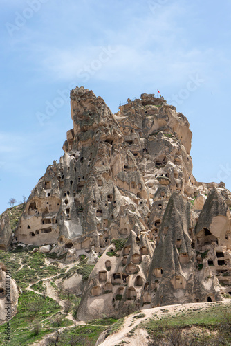 View of Uchisar castle in rock formations. Cappadocia, Nevsehir Province., Turkey. The highest point in Cappadocia.