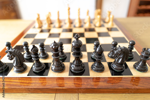 Obraz na plátně Shallow focus of the black wooden pieces of a hand carved, high quality chess set and wooden board