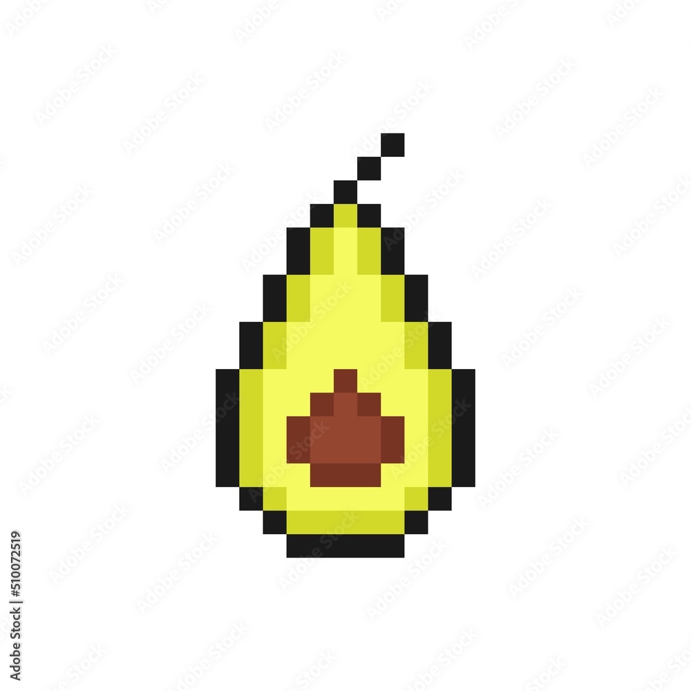Obraz premium Pixel half of ripe avocado. Green vegetable with brown seed and tail. Organic element of healthy vegan food and 8bit vector game