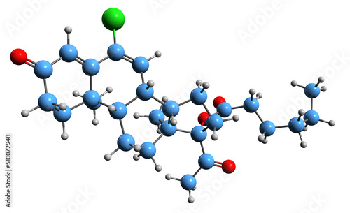  3D image of Chlormadinone caproate skeletal formula - molecular chemical structure of  progestin CMC isolated on white background
 photo