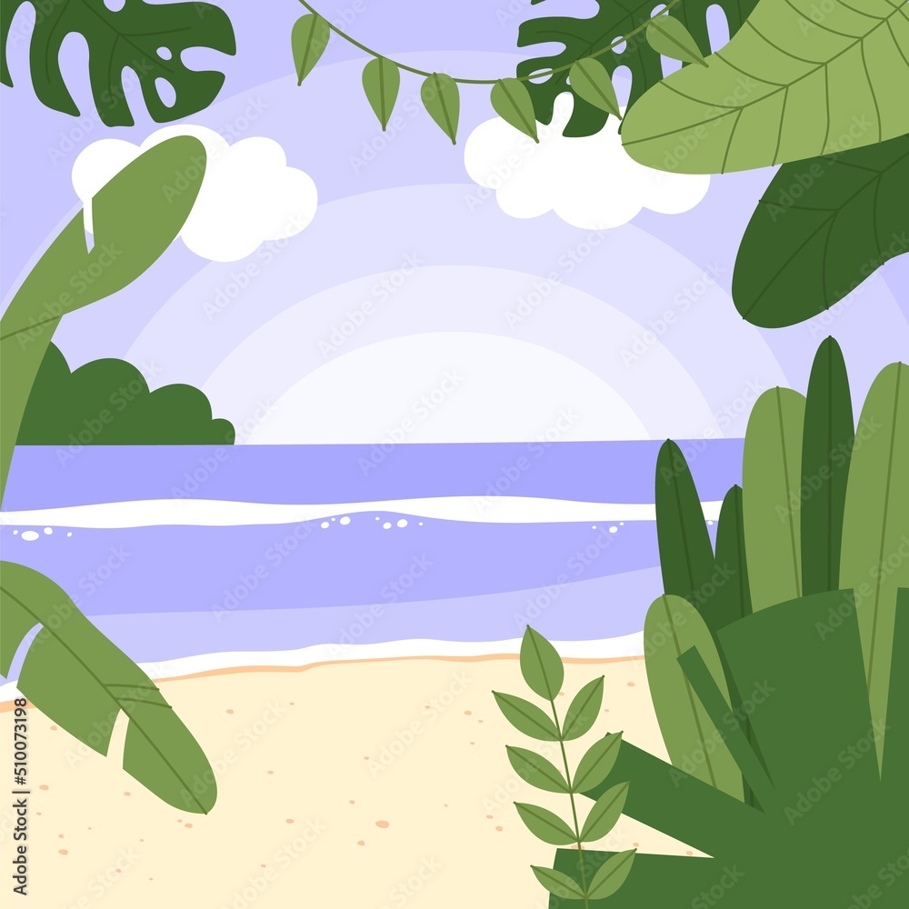 Flat vector illustration of a tropical landscap. Summer vacation banner on a tropical island or seaside resort.	
