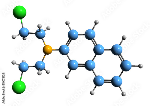  3D image of Chlornaphazine skeletal formula - molecular chemical structure of nitrogen mustard isolated on white background photo