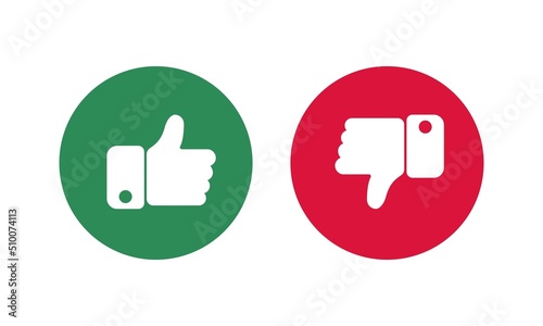 Green like and red dislike vector icon illustration isolated on white. Thumbs up and thumbs down. Soft color circle. Trendy flat picture for: site, web, social, questionnaire, design. EPS 10