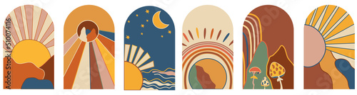 70s groovy posters, Retro sunset background, Abstract Sunset digital poster. Vintage hippy style. Retro poster on white background. Vector illustration.