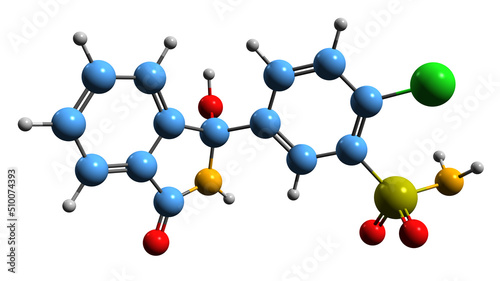 3D image of Chlortalidone skeletal formula - molecular chemical structure of diuretic isolated on white background
 photo