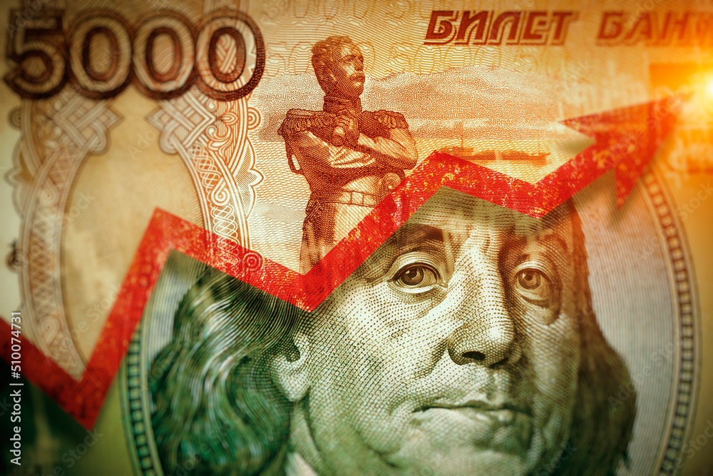 The rise of Russian ruble against American dollar in the world concept. Payment for gas in Russian currency during war The rise of Russian ruble against American dollar in the world concept. Payment for gas in Russian currency during war