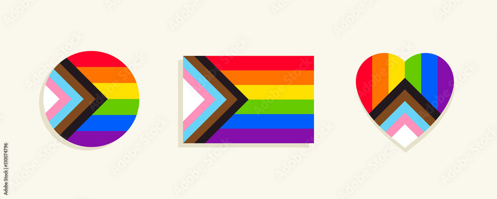 Progress pride flag with heart and circle design elements. Inclusive rainbow flag symbol: LGBTQ+, black and brown color representing communities of color, pink and light blue for transgender people. - obrazy, fototapety, plakaty 